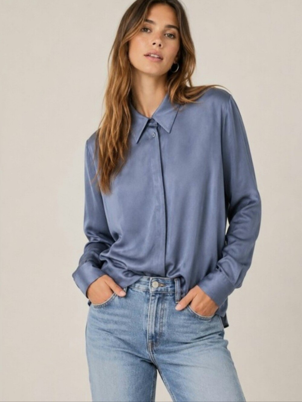 Zara Satin Slate Blue Button Down Top